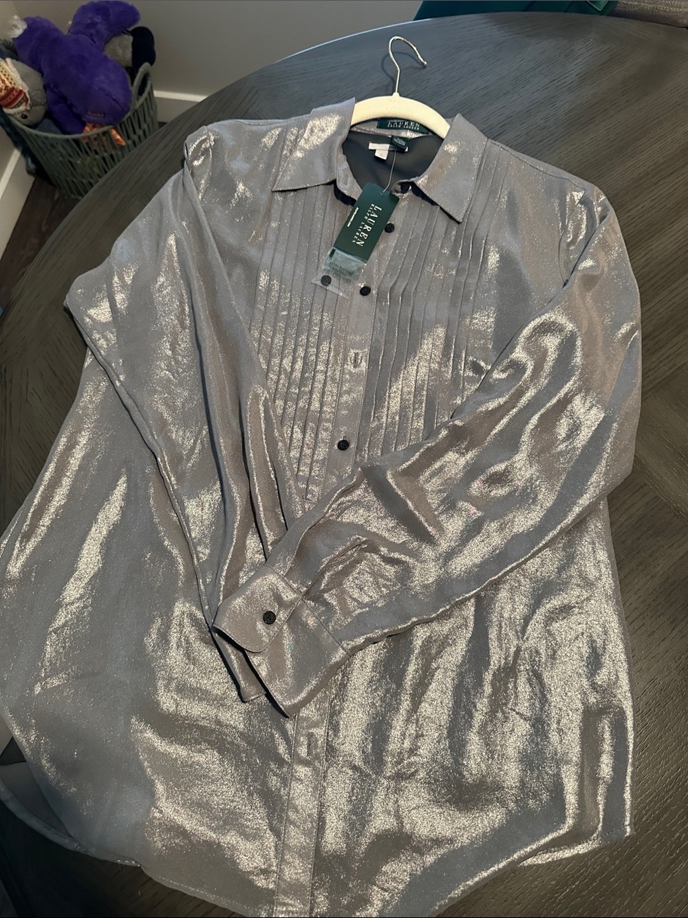 Lauren Ralph Lauren Shimmering Silver Pintuck Button-Front Shirt